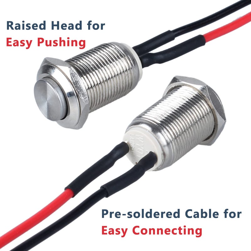 DMWD 2-Pack 12mm Latching Metal Waterproof Push Button Switch Raised Head 1/2" Mounting Hole with Pre-soldered Cable250V 2A 1NO - Image 4